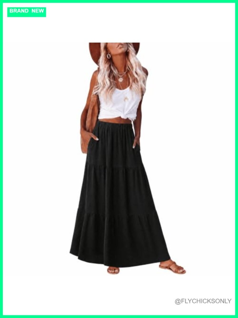 Tiered Maxi Skirt High Waist Flowy with Pockets
